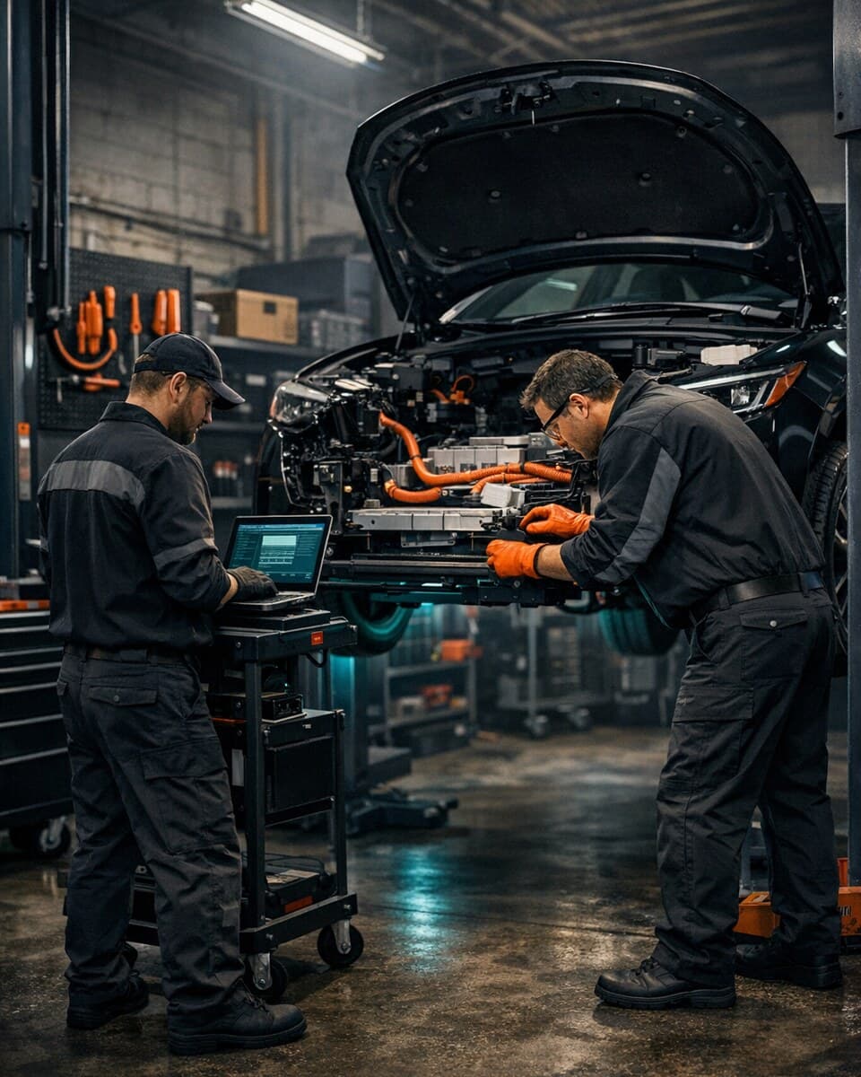 Technicians reviewing EV service work in a bay
